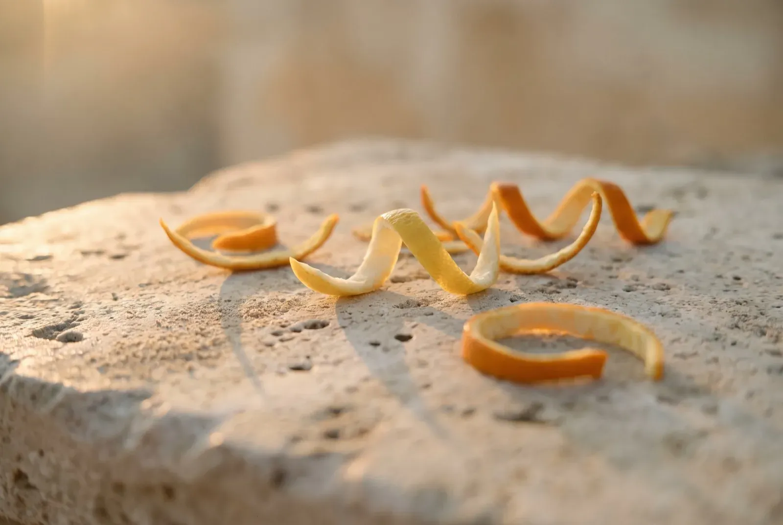 Curls of lemon and bitter-orange peel on pale weathered stone in low dawn light.