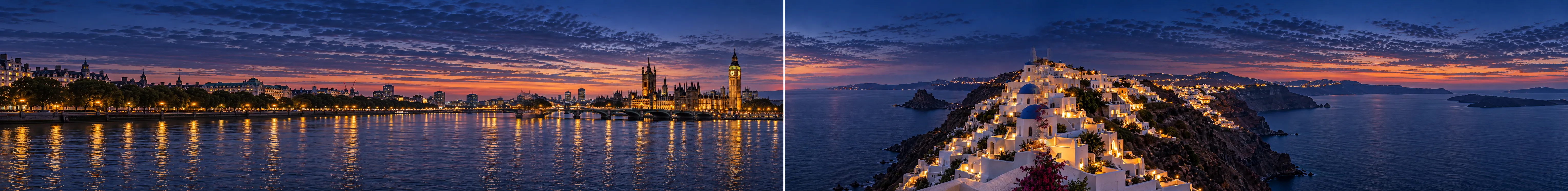 Westminster and Big Ben lit at dusk on the left, a Santorini clifftop at dusk on the right, divided down the middle.