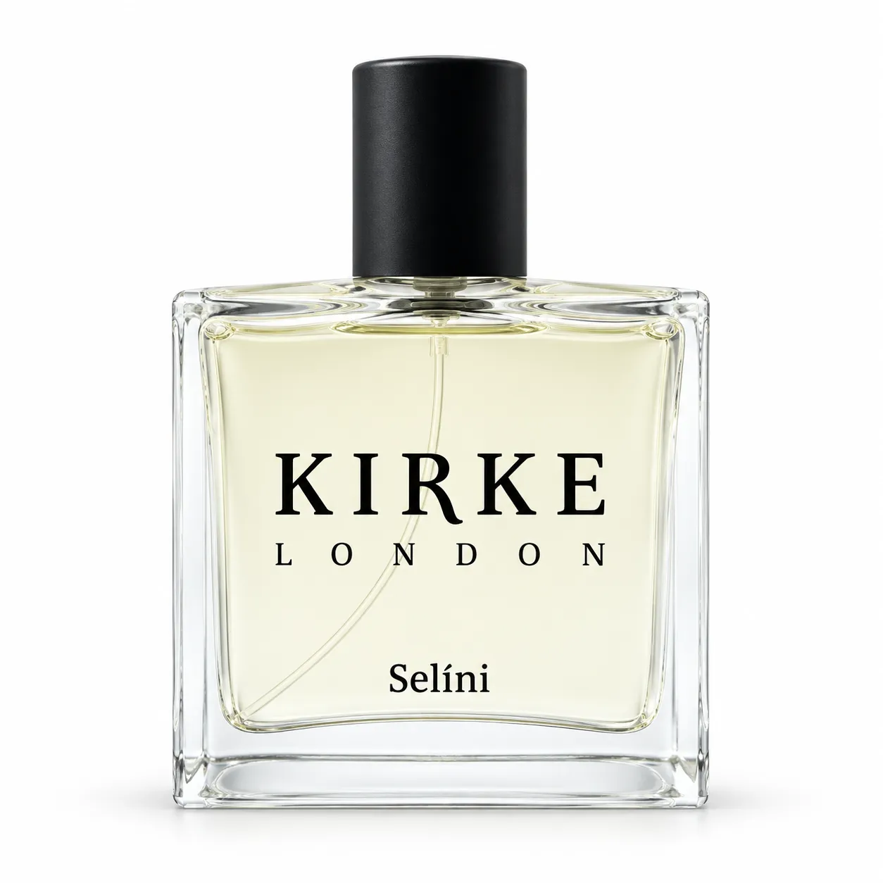 The Kirke London Selíni eau de parfum bottle: clear glass with a matt black cap.