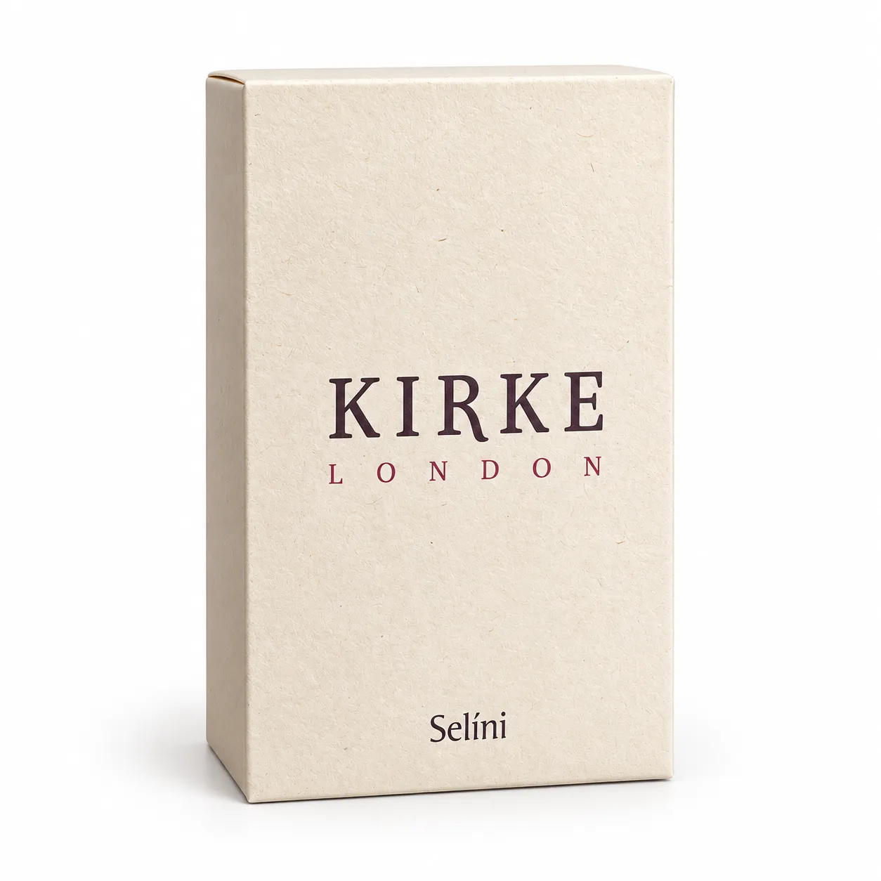 The Selíni presentation box: textured fibre board printed with the Kirke London mark.